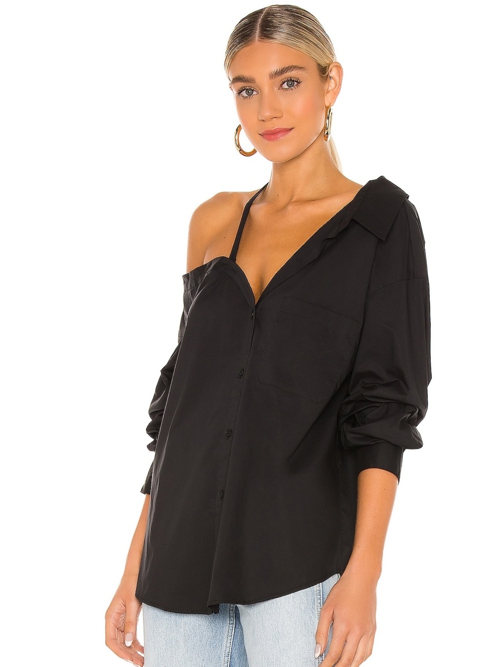 L'Academie Black Off-Shoulder Button-Down Blouse - Picture 4 of 8